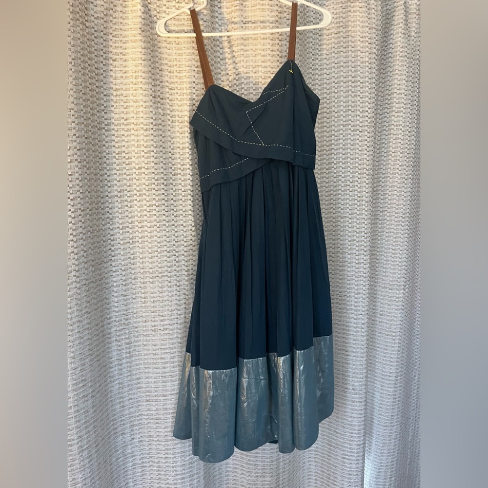Anthropologie Strapless Dress in Deep Blue and Metallic Silver